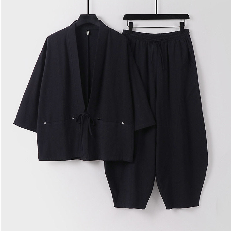 Unisex Modernes Kimono-Lounge-Set aus weichem Baumwollmix mit Kurzjacke, Tunnelzug-Hose und gerafften Knöcheln Drune