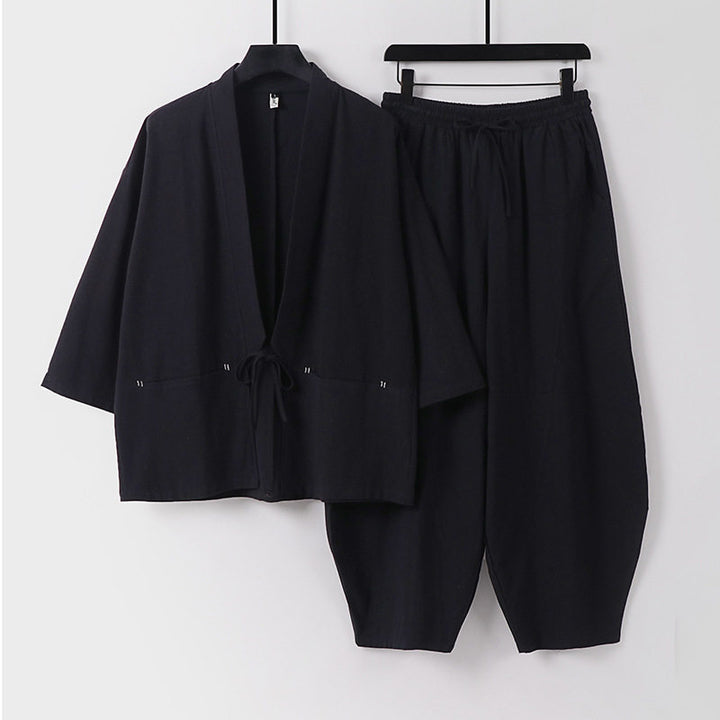 Unisex Modernes Kimono-Lounge-Set aus weichem Baumwollmix mit Kurzjacke, Tunnelzug-Hose und gerafften Knöcheln Drune