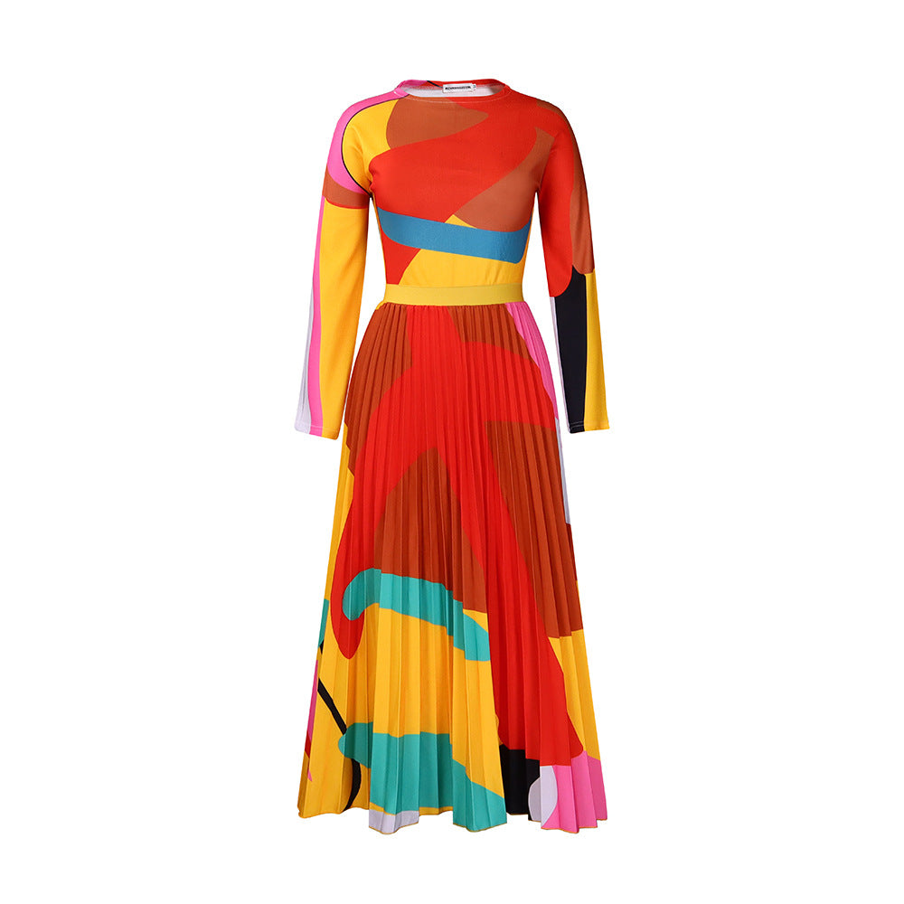 Damen Maxikleid mit modernem Grafikdesign und eleganter Plissee-Optik Drune