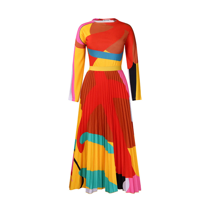 Damen Maxikleid mit modernem Grafikdesign und eleganter Plissee-Optik Drune