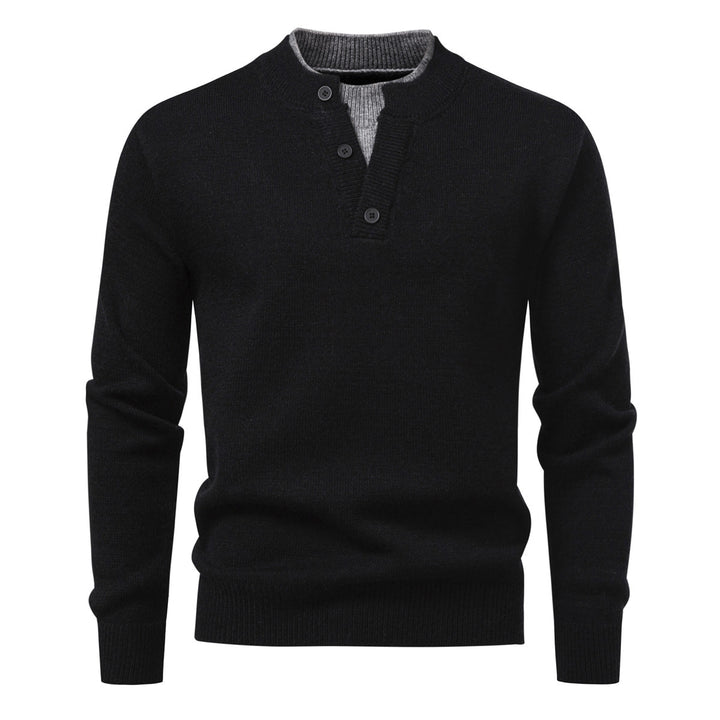 Herren Feinstrick-Henley-Pullover mit kurzer Knopfleiste und geripptem Stehkragen Drune