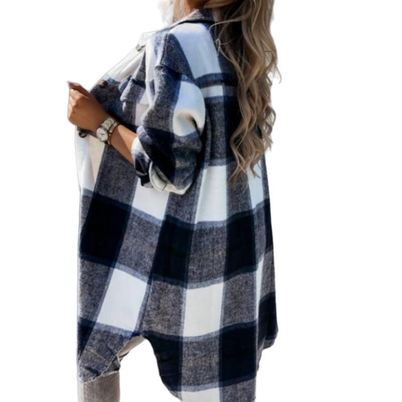 Damen Kariertes Overshirt mit knöpfbarem Design und aufgesetzten Taschen Drune