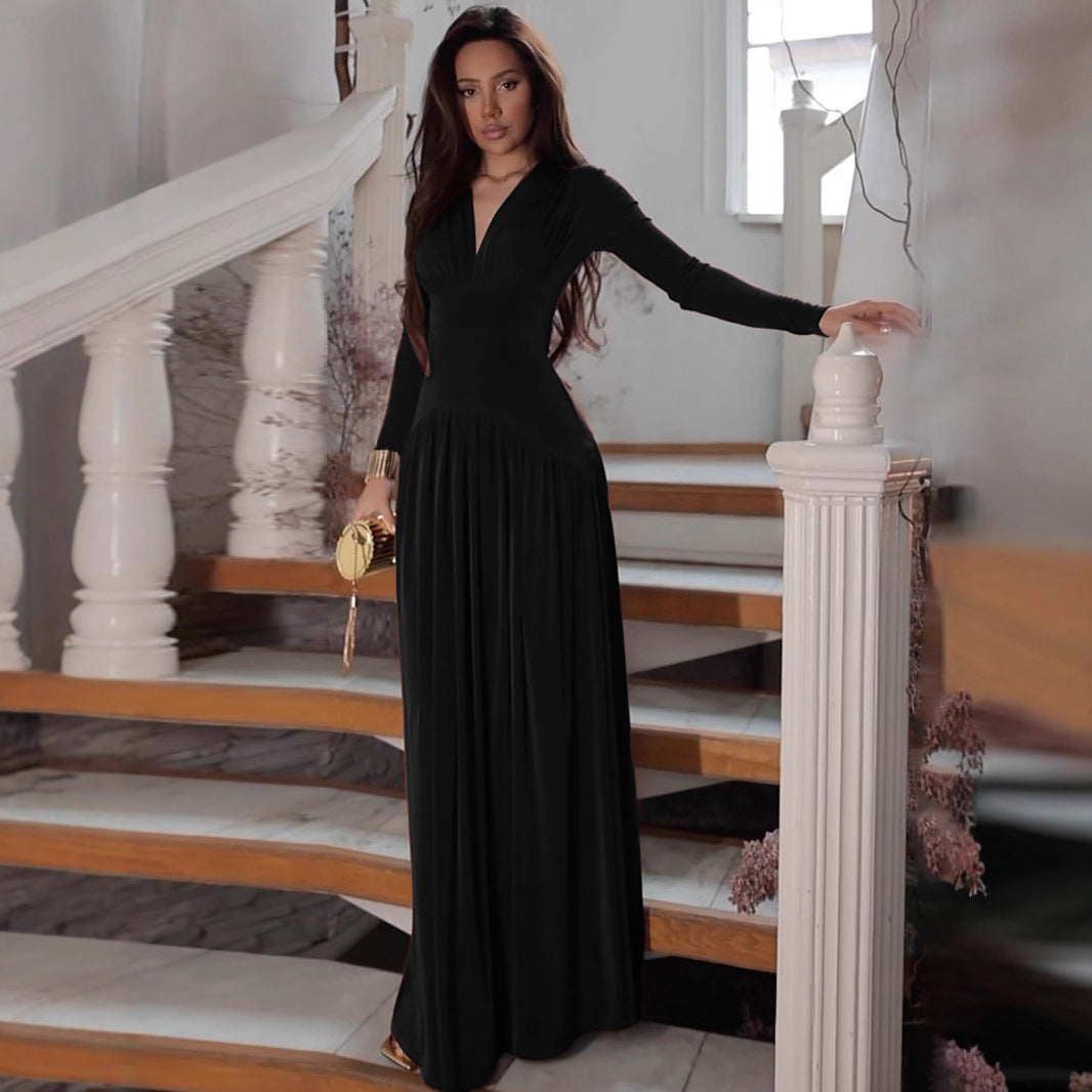 Damen Elegantes Maxikleid mit tiefem V-Ausschnitt und fließendem Schnitt Drune