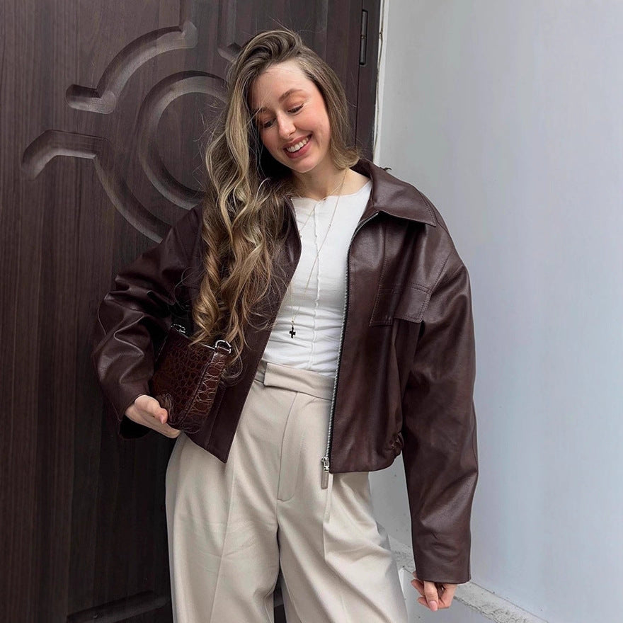 Damen cropped Lederjacke mit robustem Kragen und praktischen Taschen Drune