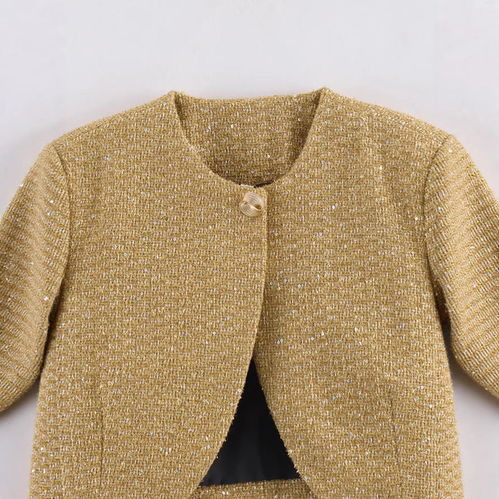 Damen nan kurzes Bouclé-Blazerjacke mit Rundhals und Zierknopf Drune