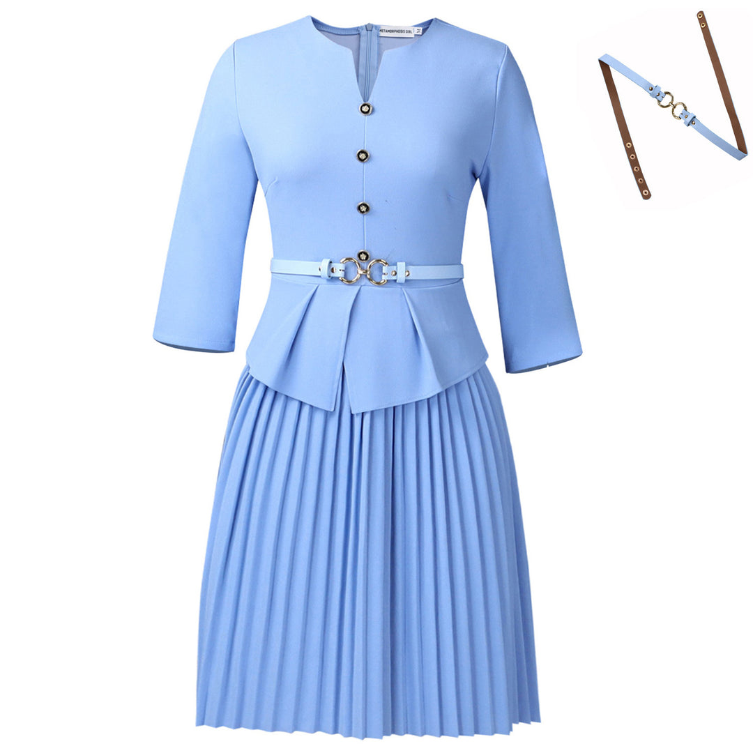 Damen Plissee Kleid mit taillierter Bluse und modischem Gürtel Drune