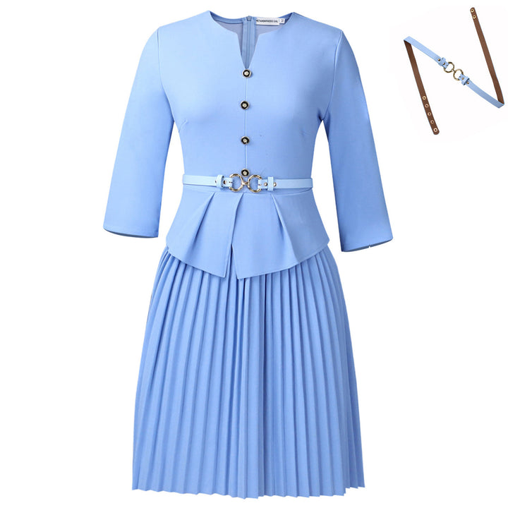 Damen Plissee Kleid mit taillierter Bluse und modischem Gürtel Drune