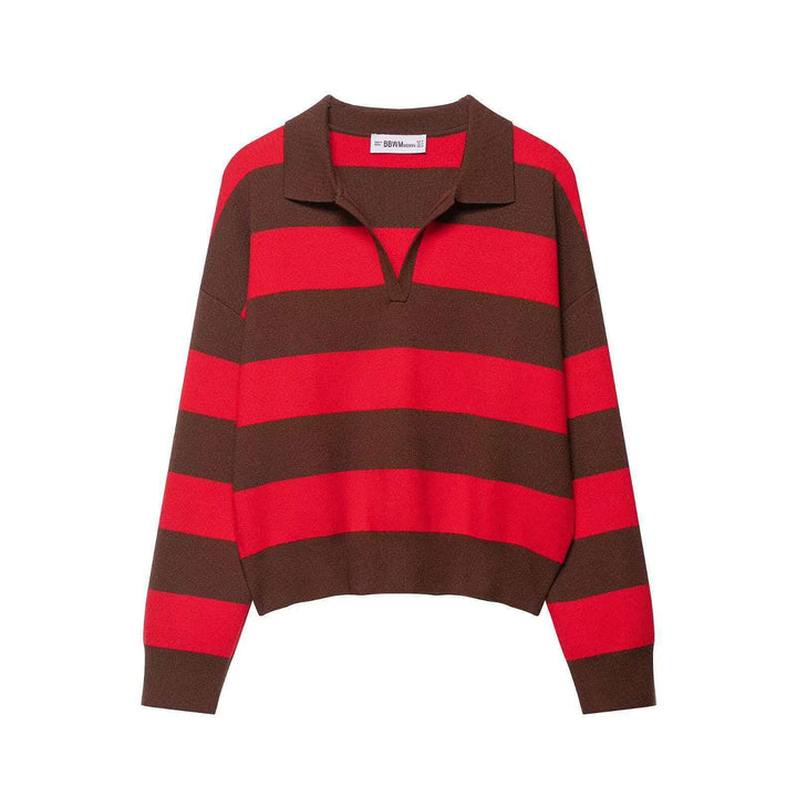 Damen nan gestreifter Rugby-Strickpullover mit Polokragen und weiter Oversize-Passform Drune