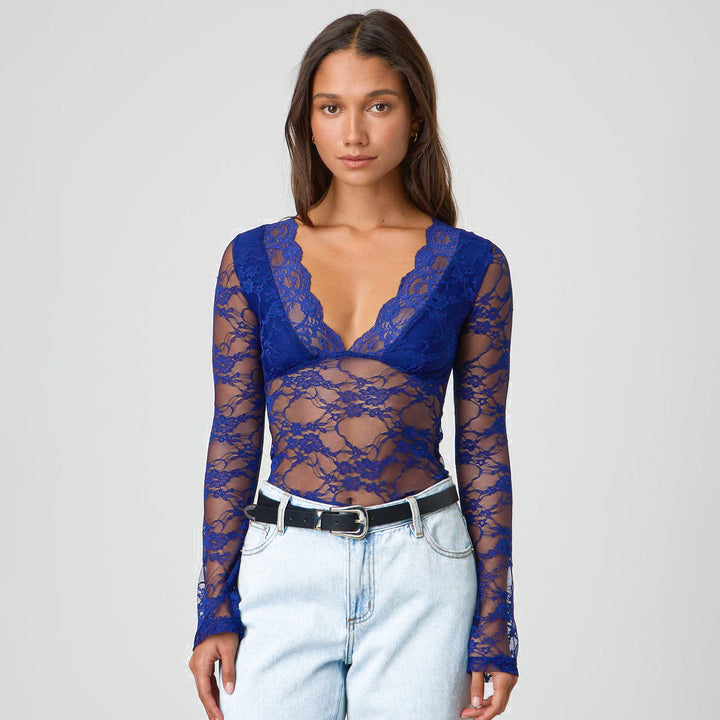 Damen Durchsichtiges Spitzenlangarmbodysuit Drune