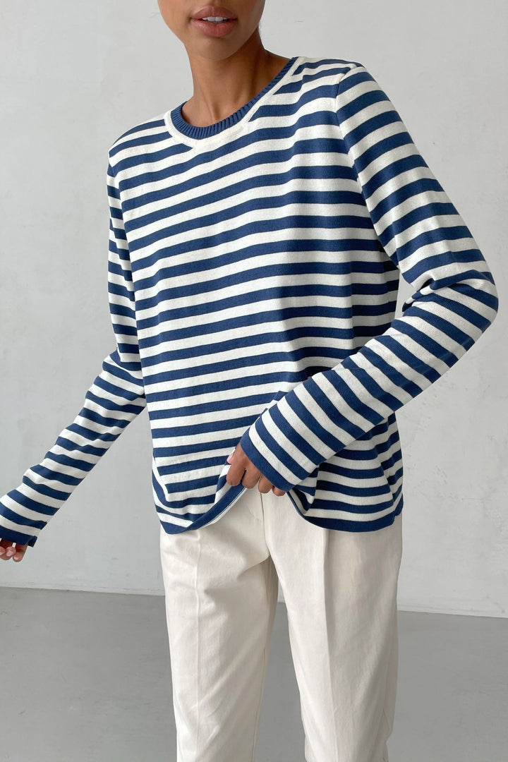 Damen nan gestreifter Baumwollpullover mit Rundhals und legerer Passform Drune