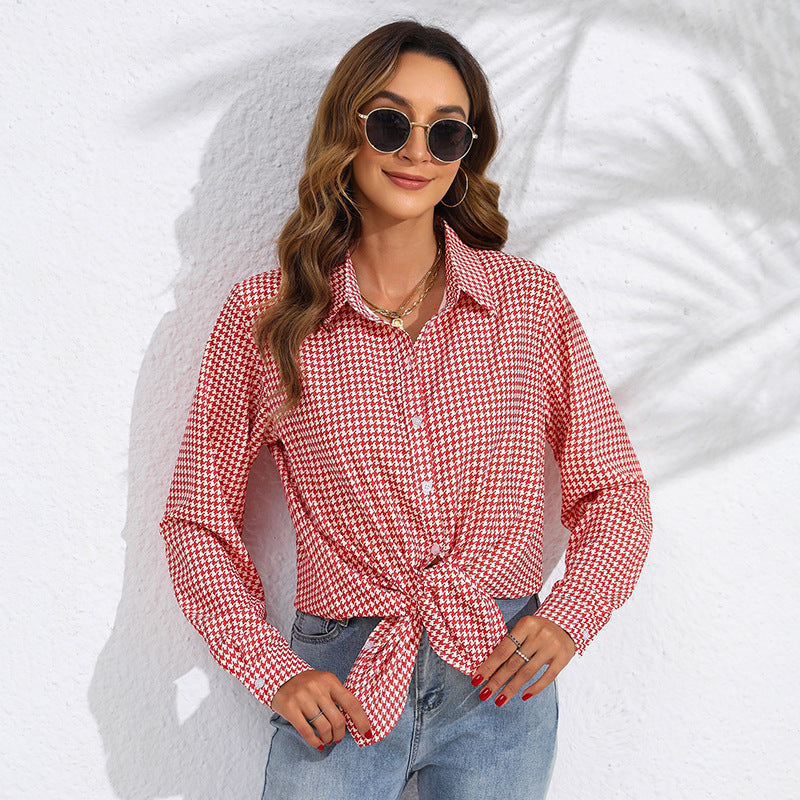 Damen nan geknotete Hahnentritt-Bluse mit Hemdkragen und durchgehender Knopfleiste Drune