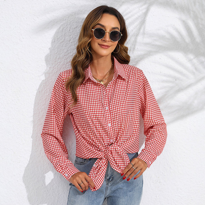 Damen nan geknotete Hahnentritt-Bluse mit Hemdkragen und durchgehender Knopfleiste Drune