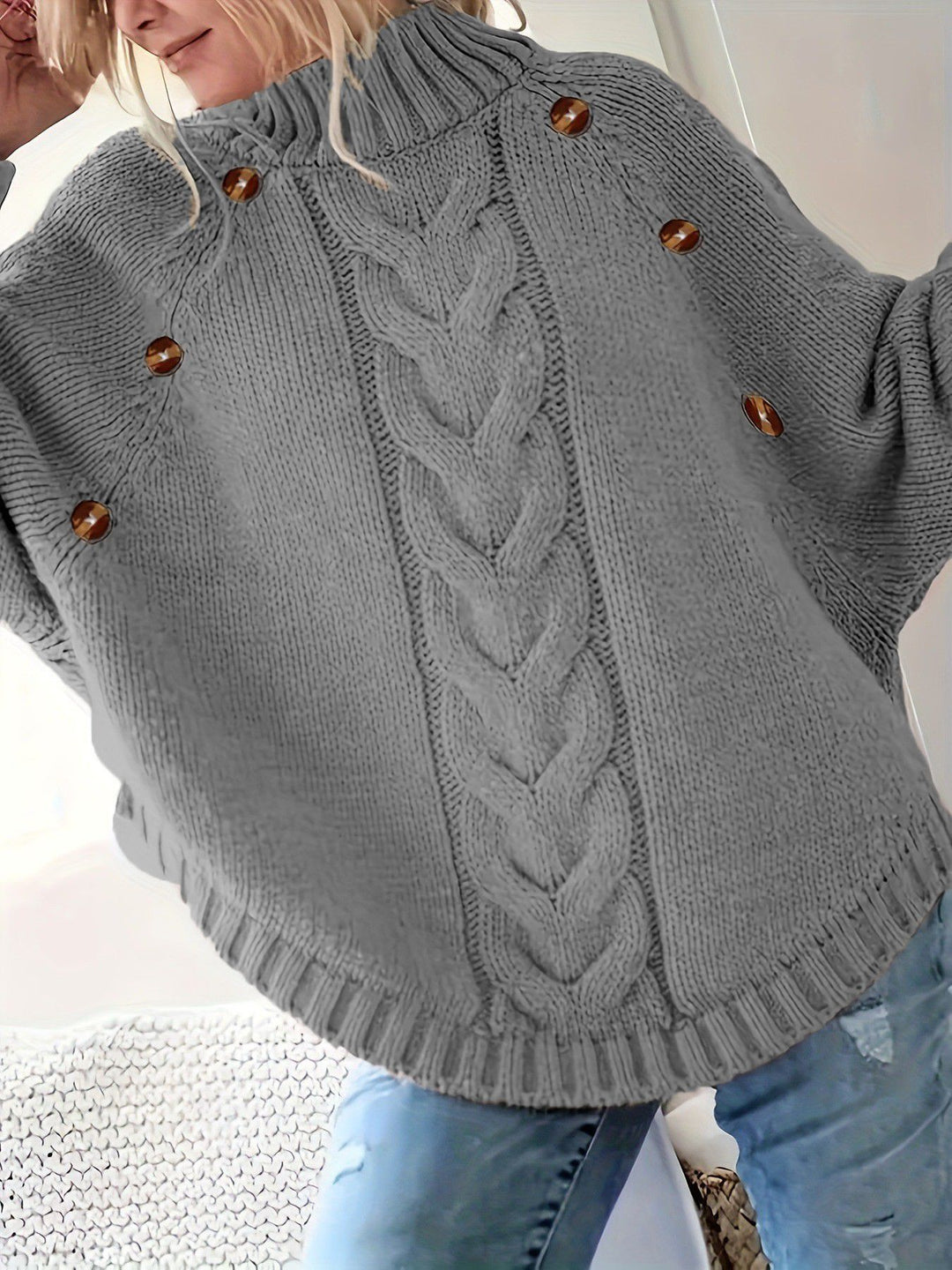 Damen Grober Strickpullover mit hoher Kragenpartie und Knopfdetails Drune