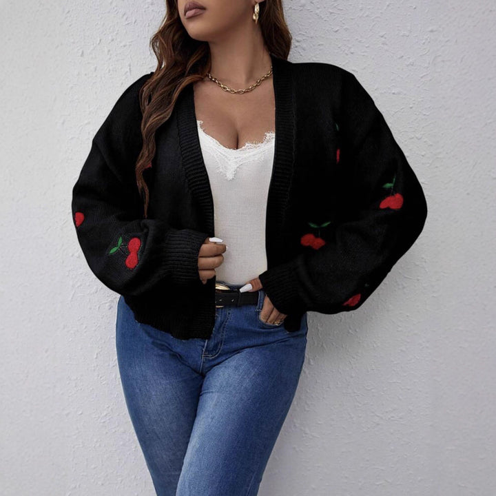Damen Kurzgeschnittener Oversize-Cardigan mit Kirsch-Stickerei Drune