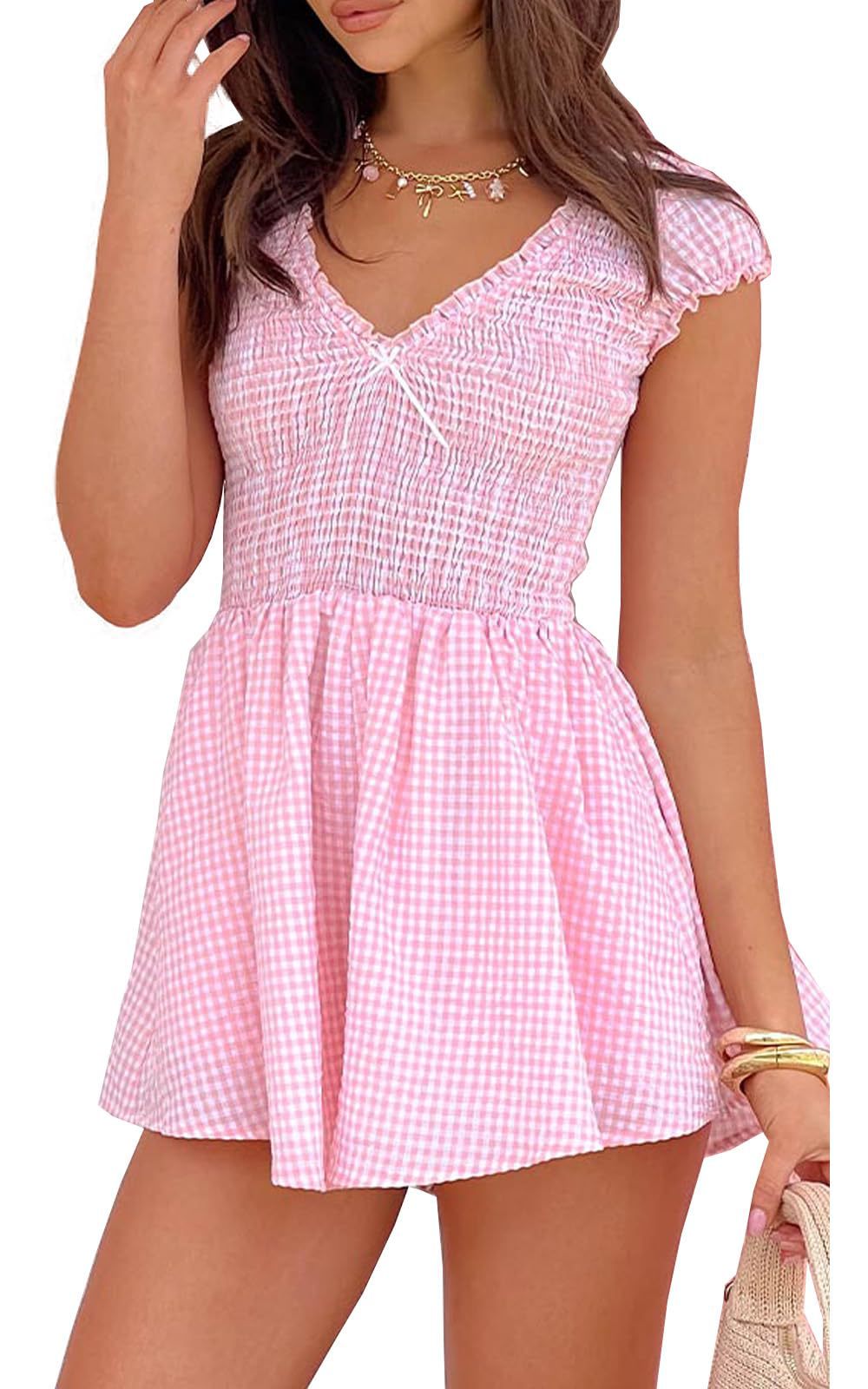 Damen Eingekräuseltes Kurzkleid mit V-Ausschnitt und Rüschendetails Drune