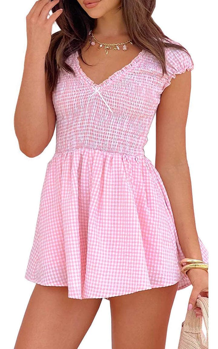 Damen Eingekräuseltes Kurzkleid mit V-Ausschnitt und Rüschendetails Drune