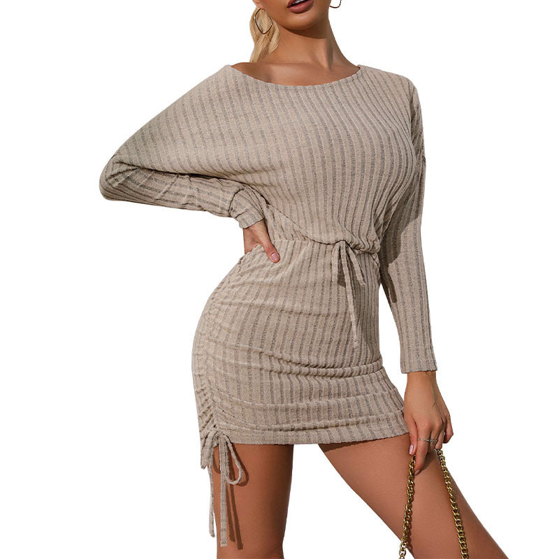 Damen Geripptes Minikleid mit Tunnelzug-Taillenband und seitlicher Kordelraffung Drune
