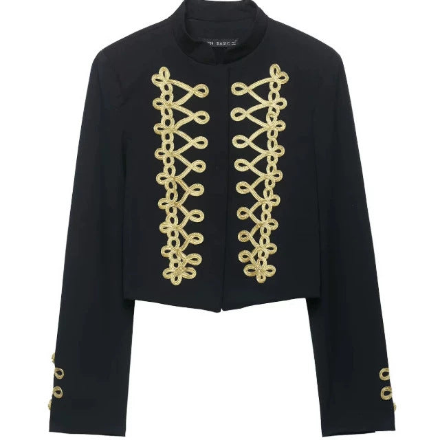 Damen Taillierter Cropped Militärblazer mit Stehkragen und goldverzierten Epauletten Drune