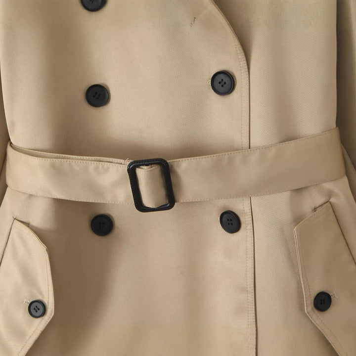 Damen Kurzer taillierter Doppelreiher-Trench mit Cape-Ärmeln und Bindegürtel Drune