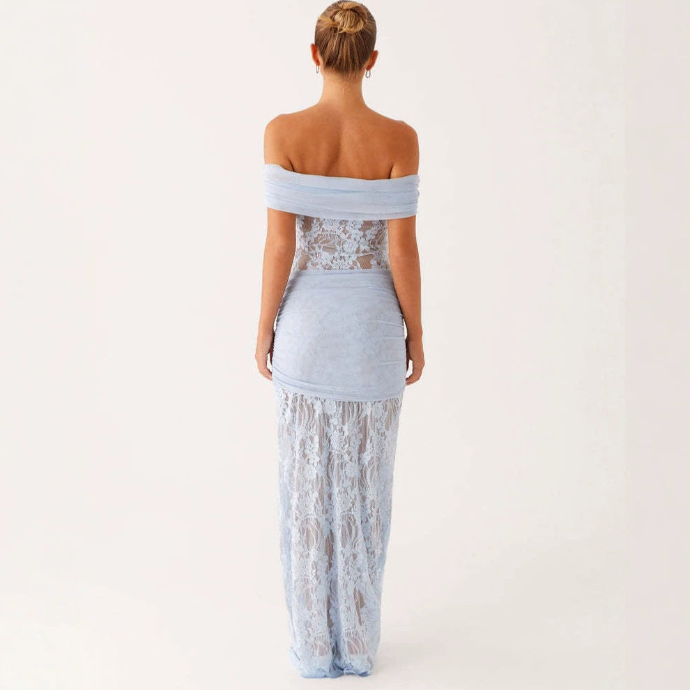 Damen Elegant drapiertes Spitzenkleid mit off-shoulder Design Drune