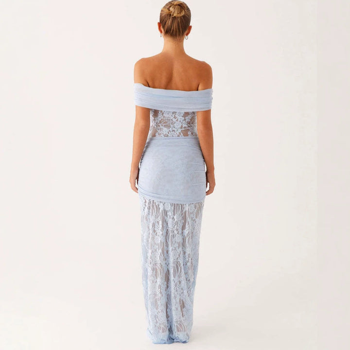 Damen Elegant drapiertes Spitzenkleid mit off-shoulder Design Drune