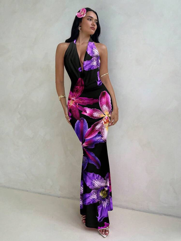 Damen ElegantesMaxikleid mit raffiniertem Blumendruck und tiefem V-Ausschnitt Drune