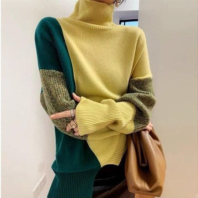 Damen modischer Rollkragenpullover mit grafischen Farbblockstrukturen Drune
