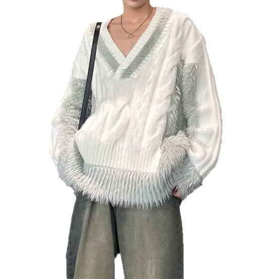 Herren Luxuriöser Grobstrickpullover mit tiefem V-Ausschnitt Drune