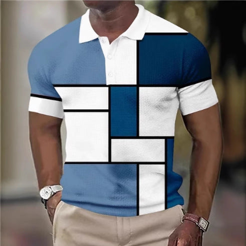 Herren nan kurzärmeliges Poloshirt mit geometrischem Blockmuster und feinem Strukturpiqué Drune