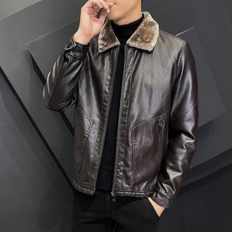 Herren Elegante Kunstleder‑Bomberjacke mit wärmendem Teddykragen & Zwei-Wege‑Reißverschluss Drune