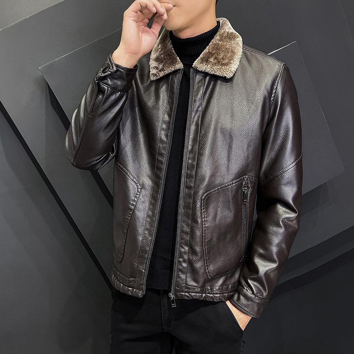 Herren Elegante Kunstleder‑Bomberjacke mit wärmendem Teddykragen & Zwei-Wege‑Reißverschluss Drune