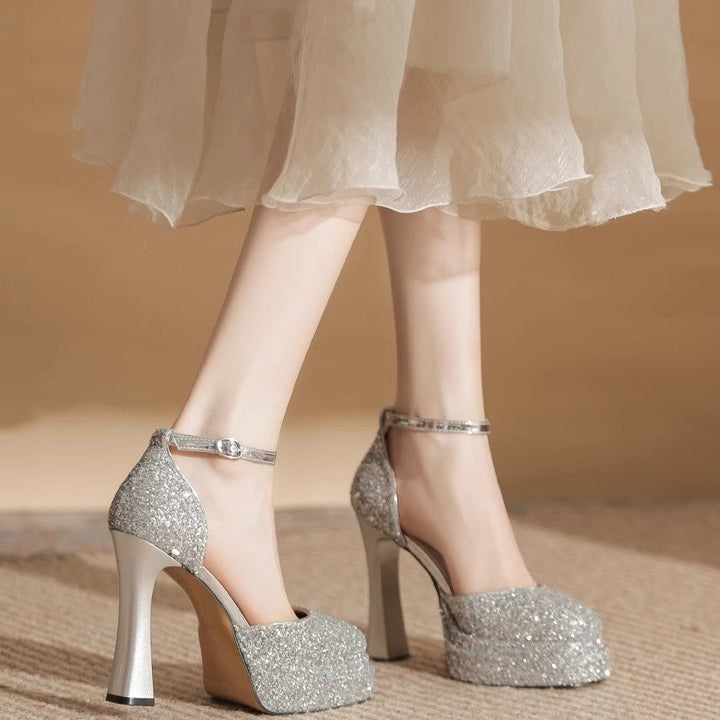 Damen Glitzernde Plateau-Pumps mit elegantem Knöchelriemen Drune