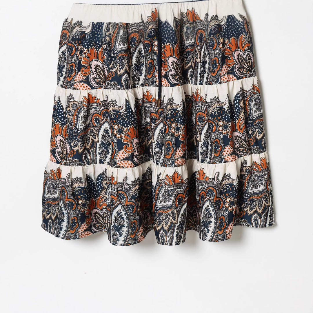 Damen nan fließendes Maxikleid mit Paisley-Muster, Taillenzug, Stehkragen und Stufenrock Drune