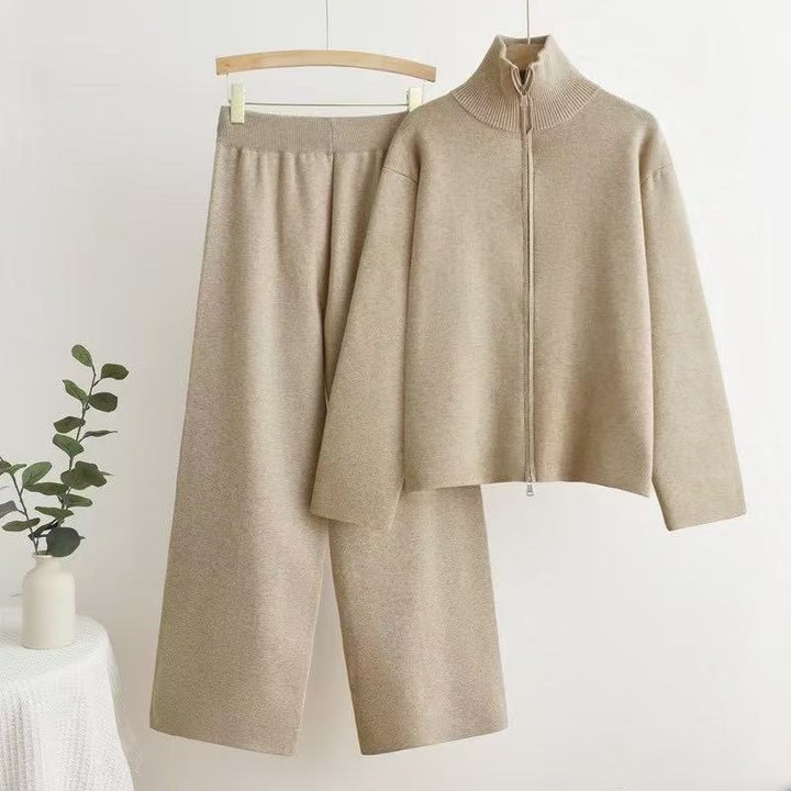Damen gemütliches Strick-Loungewear-Set mit hohem Kragen Drune