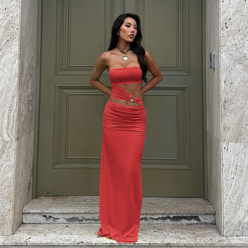 Damen elegantes schulterfreies Wickelkleid mit seitlichem Cut-Out Drune