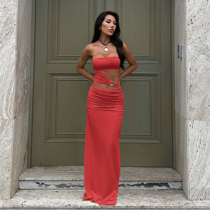Damen elegantes schulterfreies Wickelkleid mit seitlichem Cut-Out Drune