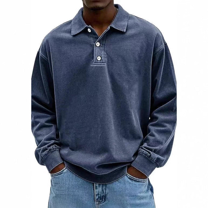 Herren nan lässiges Poloshirt-Sweatshirt mit Kragen, Vintage-Waschung und dreiteiliger Knopfleiste Drune