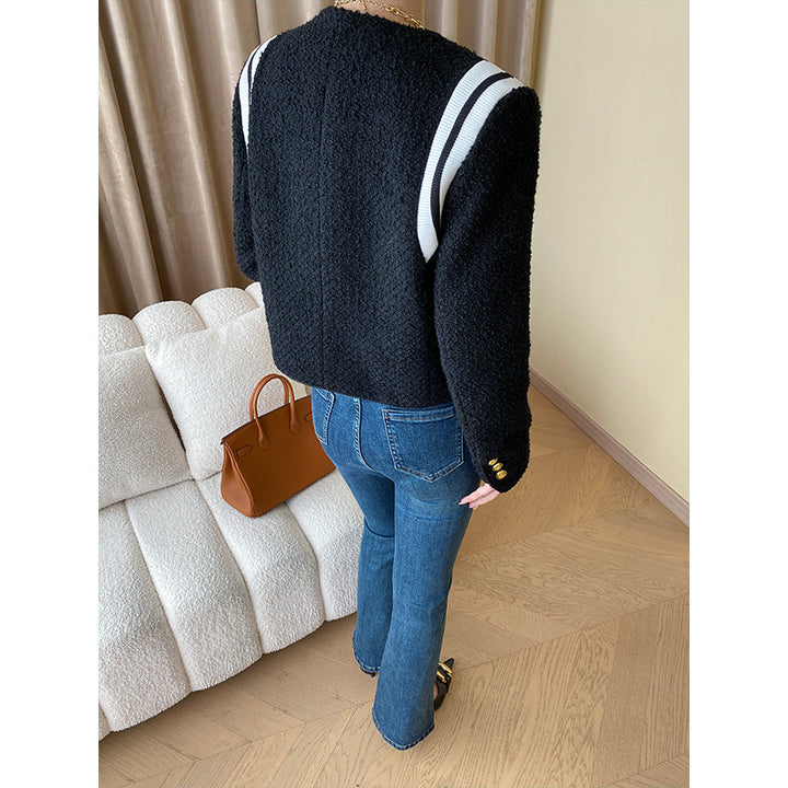 Damen Bouclé-Jacke mit goldenen Knöpfen und Streifen Drune