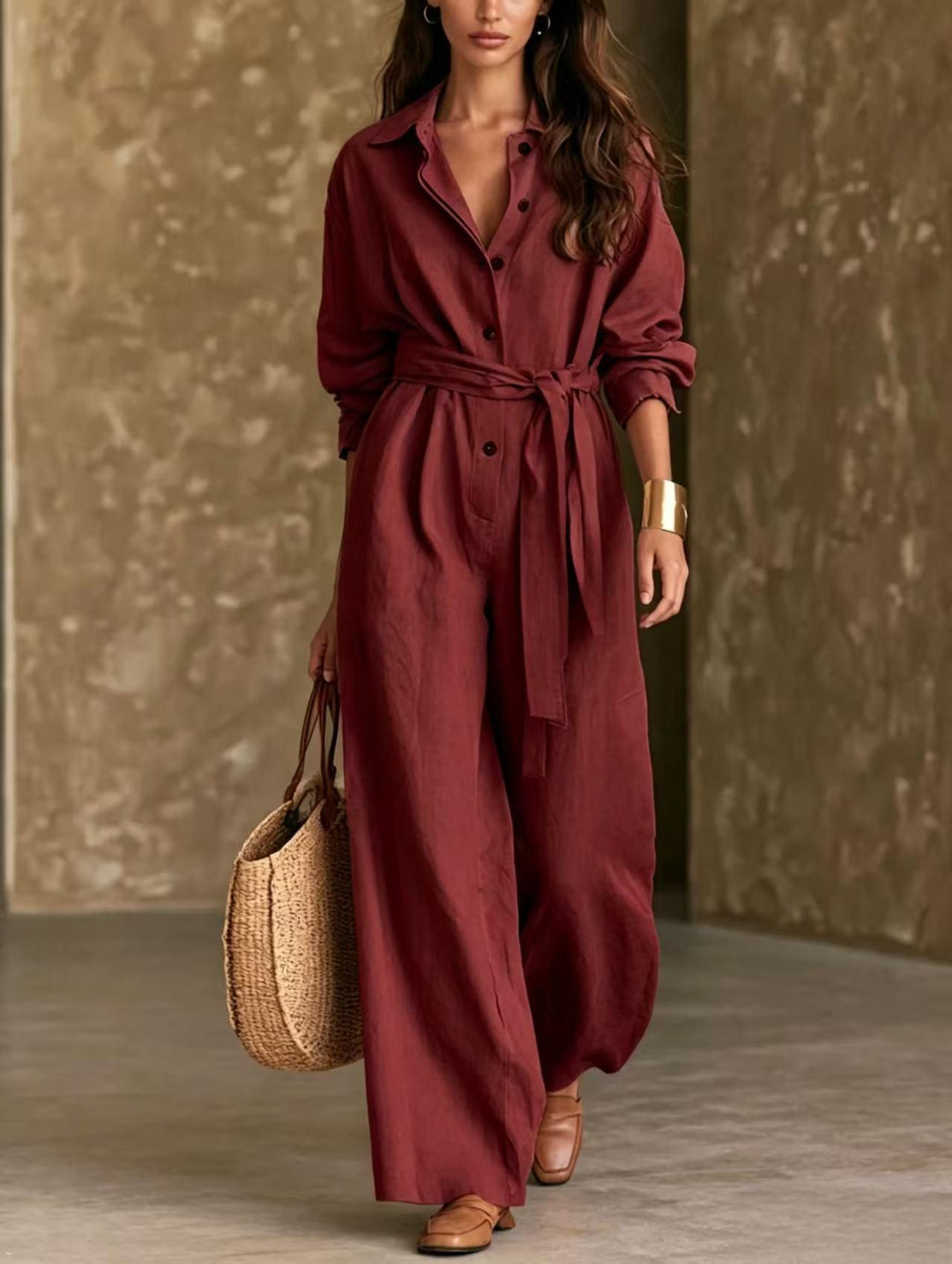 Damen Elegantes Hemdkleid mit Taillengürtel Drune