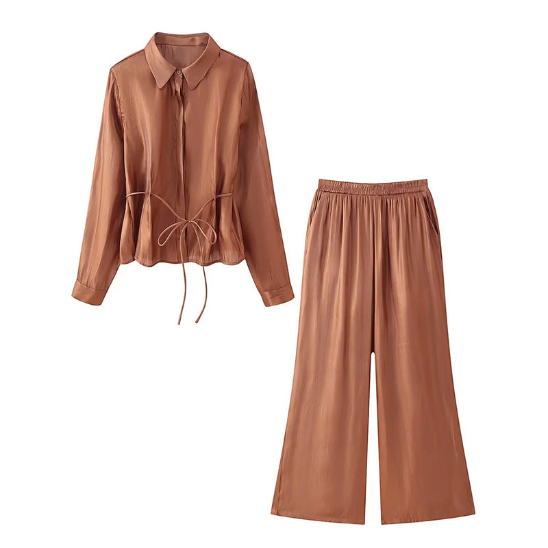 Damen nan seidiges Zweiteiler-Set mit Hemdbluse, Taillenband und weitem Palazzo-Hose Drune