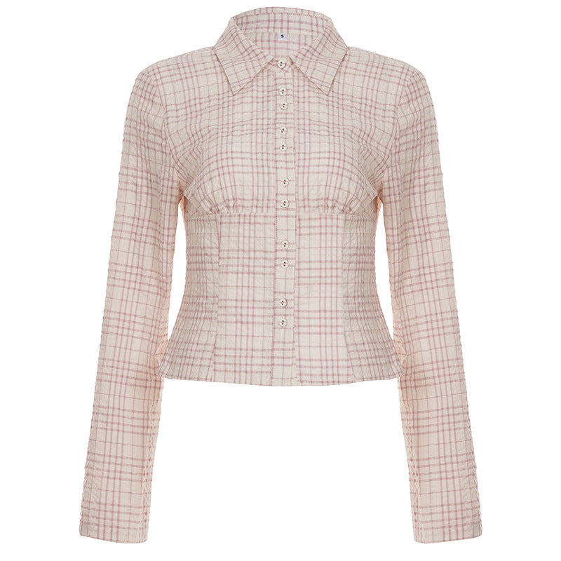 Damen Taillierte karierte Blusejacke mit Korsagennaht und durchgehender Knopfleiste Drune