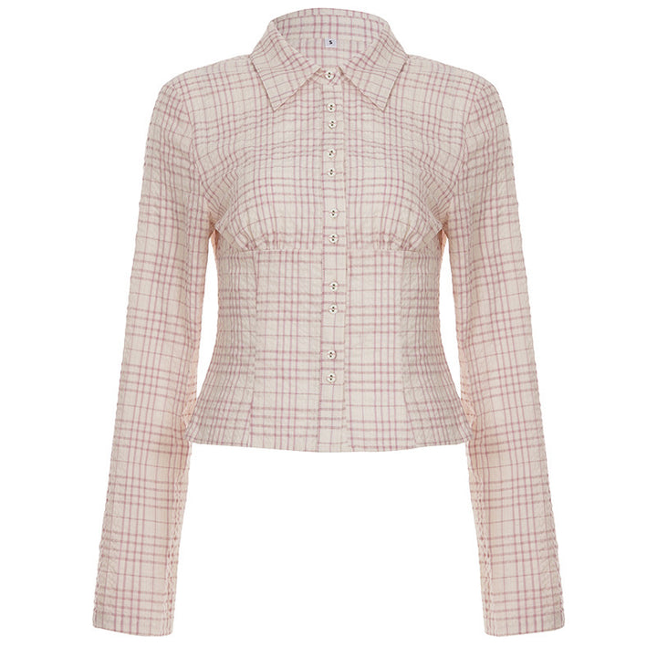 Damen Taillierte karierte Blusejacke mit Korsagennaht und durchgehender Knopfleiste Drune