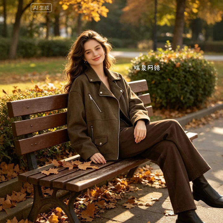 Damen Bikerjacke im Oversized Wildlederoptik mit asymmetrischem Reißverschluss Drune