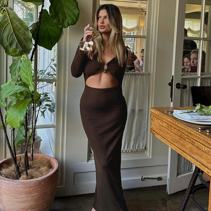 Damen elegantes langes Kleid mit Raffung und tiefem V-Ausschnitt Drune