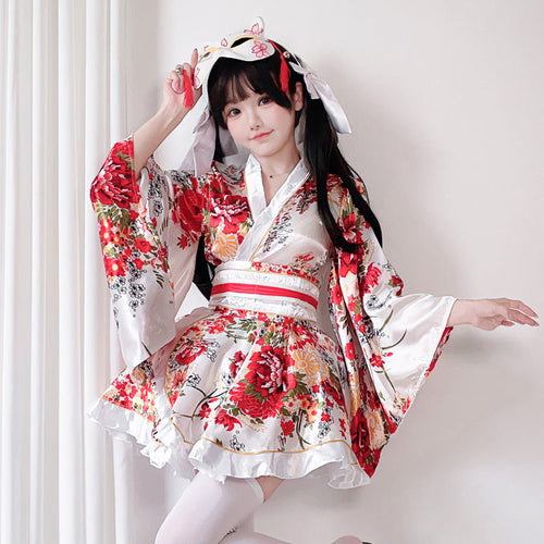 Damen traditionelles Kimono-Kleid mit fließendenÄrmeln und floralem Muster Drune