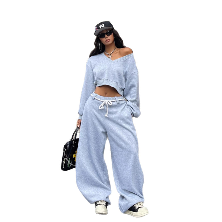 Damen lässiges Crop-Top und weite Hose Set Drune