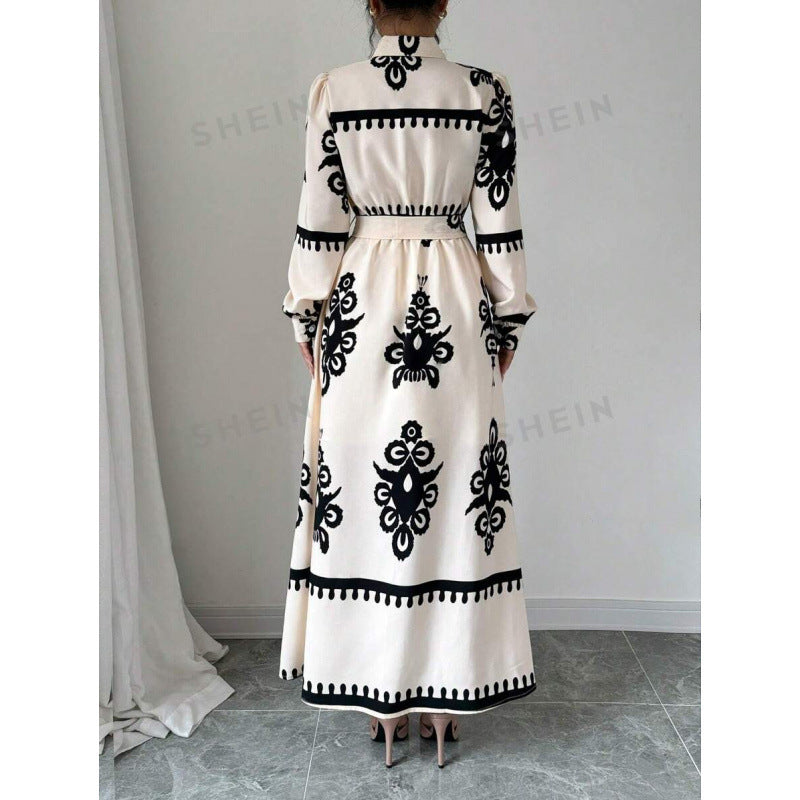 Damen Langarm-Maxikleid mit elegantem Knopfdesign und taillierbarem Gürtel Drune