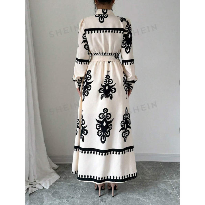 Damen Langarm-Maxikleid mit elegantem Knopfdesign und taillierbarem Gürtel Drune