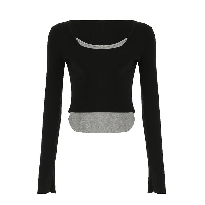 Damen Langarm Crop-Top mit doppeltem U-Boot-Ausschnitt und raffiniertem Design Drune