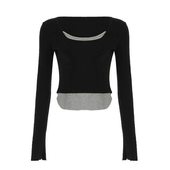 Damen Langarm Crop-Top mit doppeltem U-Boot-Ausschnitt und raffiniertem Design Drune